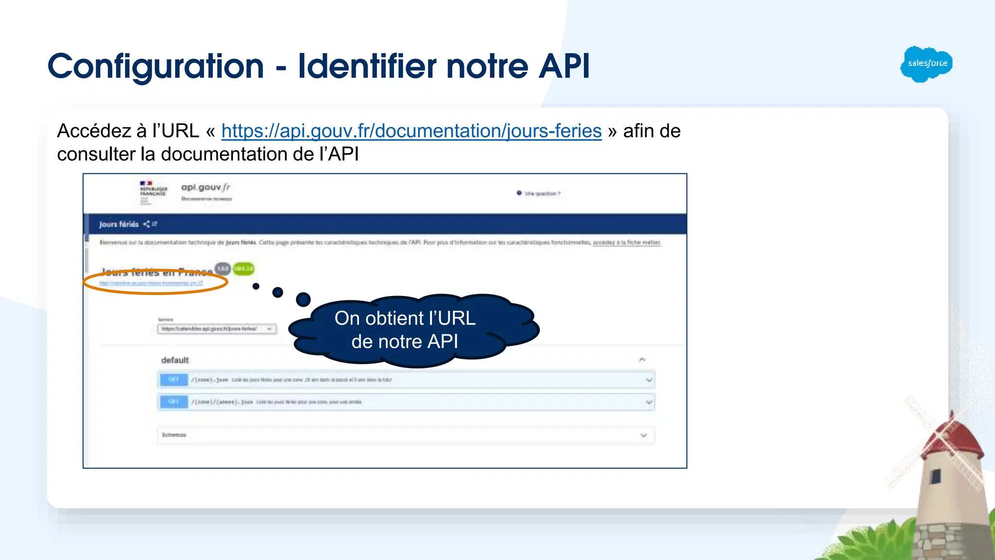 Configuration - Identifier notre API
On obtient l’URL
de notre API
Accédez à l’URL « https://api.gouv.fr/documentation/jours-feries » afin de
consulter la documentation de l’API
 