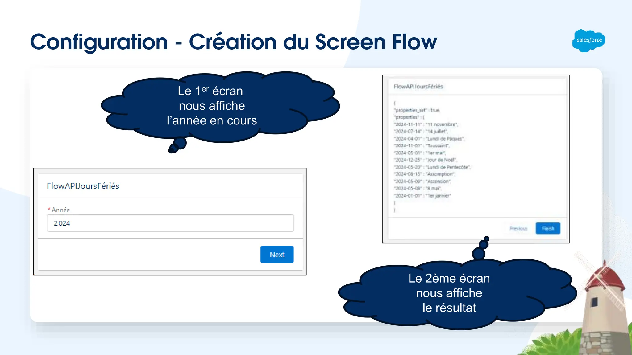 Configuration - Création du Screen Flow
Le 1er écran
nous affiche
l’année en cours
Le 2ème écran
nous affiche
le résultat
 