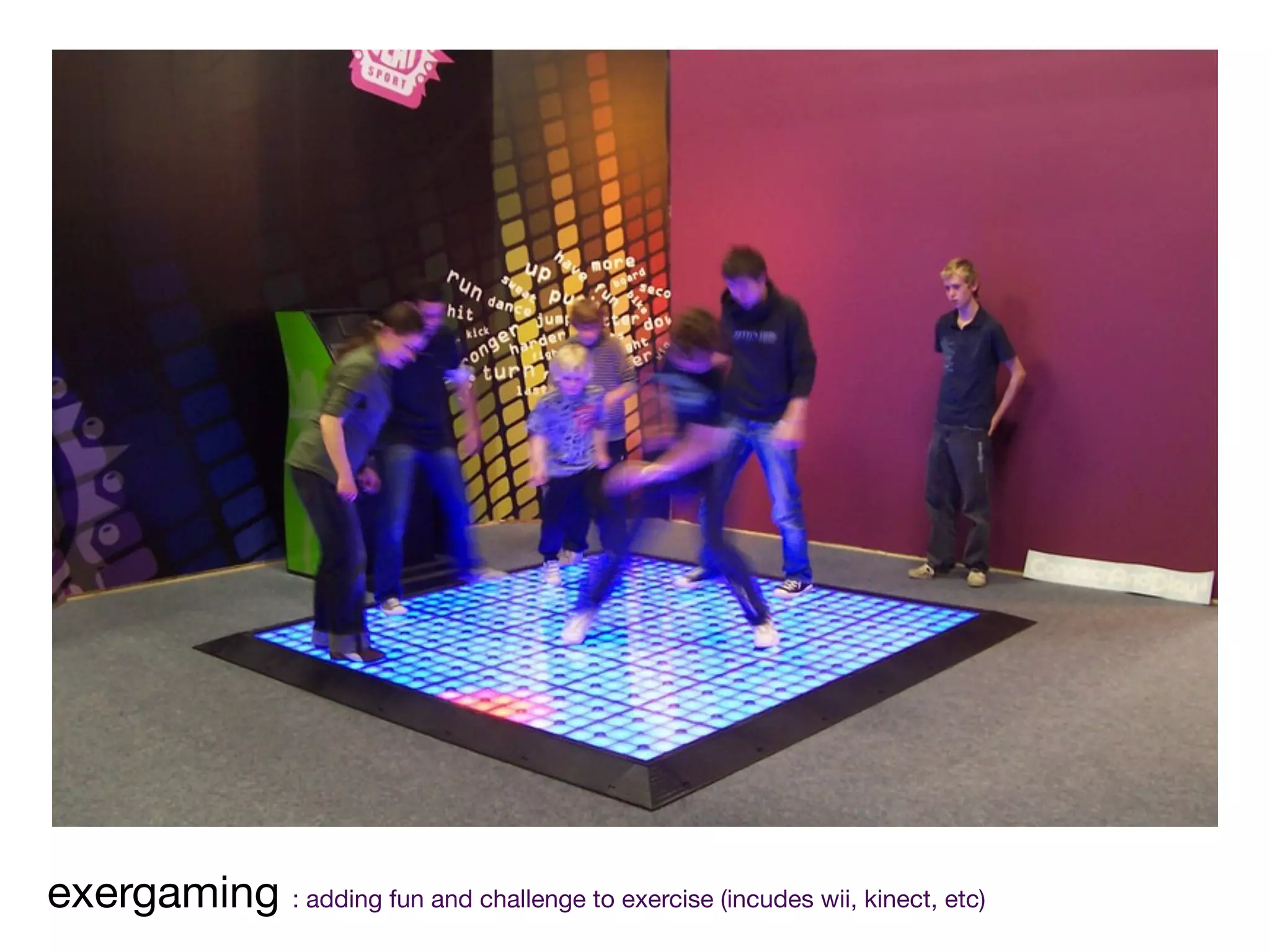 exergaming : adding fun and challenge to exercise (incudes wii, kinect, etc)
 