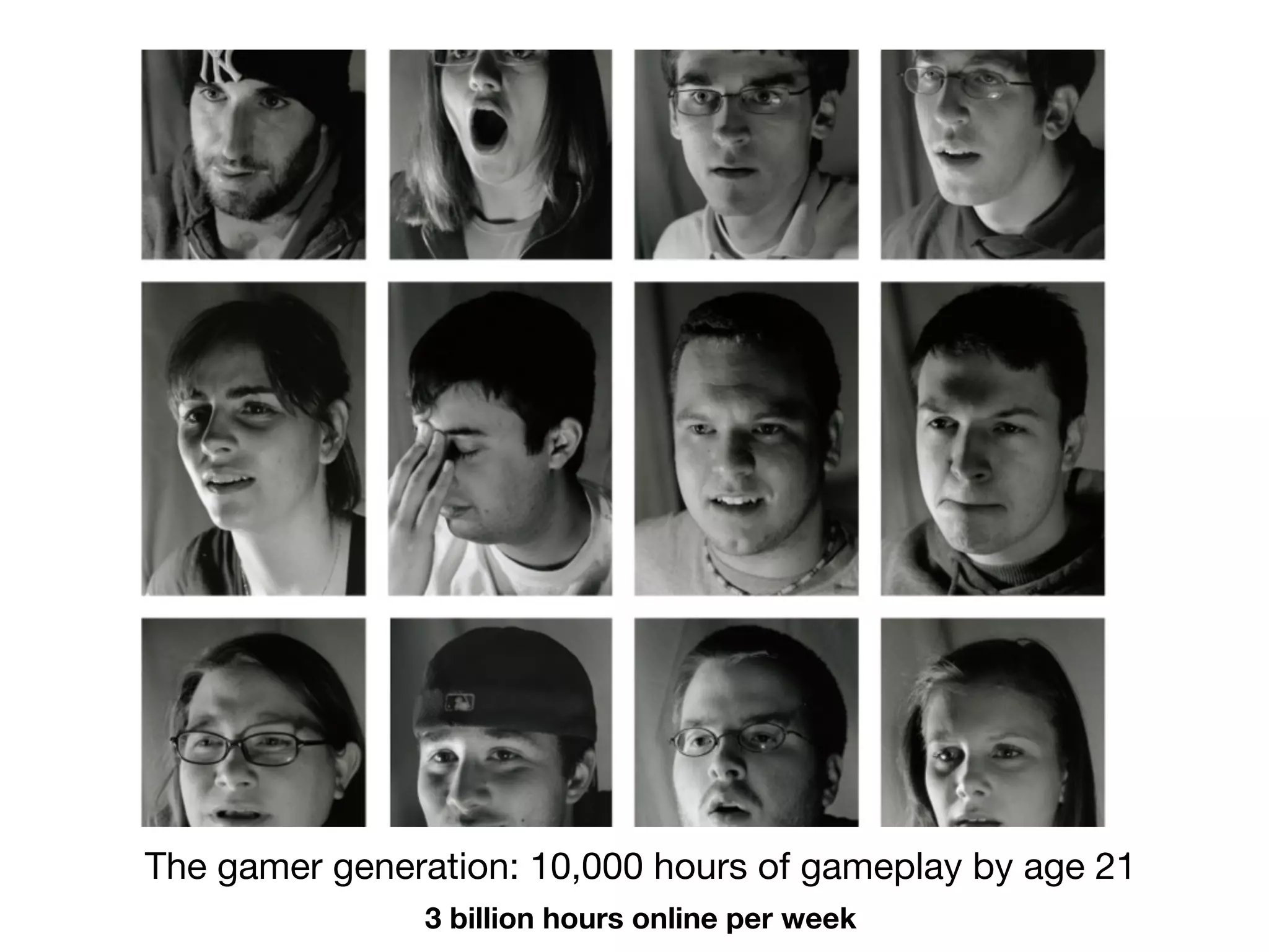 The gamer generation: 10,000 hours of gameplay by age 21
               3 billion hours online per week
 