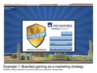 Example 1: Branded gaming as a marketing strategy
Objective: Raise awareness of insurance issues as a prompt to increase sales
 