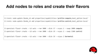 Add nodes to roles and create their flavors
$ ironic node-update $node_id add properties/capabilities='profile:compute,boot_option:local'
$ ironic node-update $node_id add properties/capabilities='profile:control,boot_option:local'
$ openstack flavor create --id auto --ram 3000 --disk 17 --vcpus 2 --swap 2000 compute
$ openstack flavor create --id auto --ram 3000 --disk 19 --vcpus 2 --swap 1500 control
$ openstack flavor create --id auto --ram 3000 --disk 19 --vcpus 2 baremetal
 