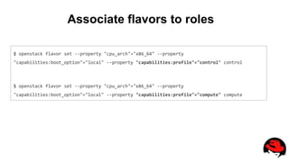 Associate flavors to roles
$ openstack flavor set --property "cpu_arch"="x86_64" --property
"capabilities:boot_option"="local" --property "capabilities:profile"="control" control
$ openstack flavor set --property "cpu_arch"="x86_64" --property
"capabilities:boot_option"="local" --property "capabilities:profile"="compute" compute
 