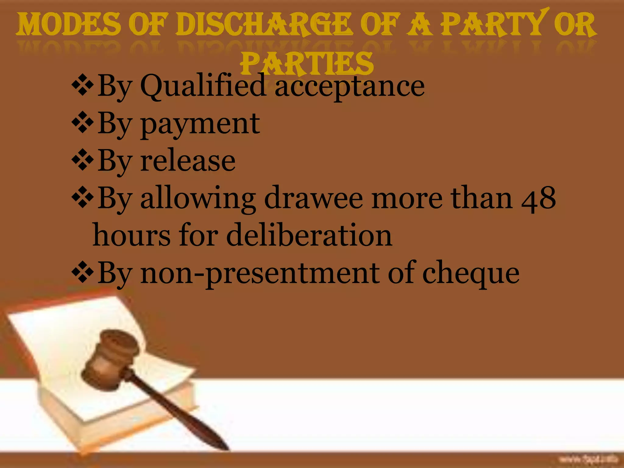 Modes of Discharge of a Party or
             Parties
  By Qualified acceptance
  By payment
  By release
  By allowing drawee more than 48
   hours for deliberation
  By non-presentment of cheque
 