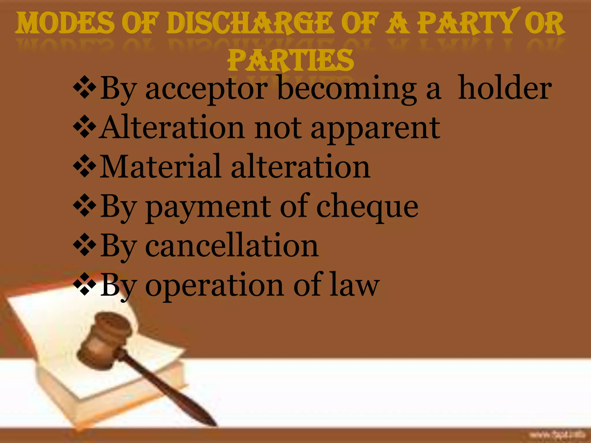 Modes of Discharge of a Party or
             Parties
   By acceptor becoming a holder
   Alteration not apparent
   Material alteration
   By payment of cheque
   By cancellation
   By operation of law
 