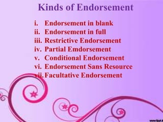 Kinds of Endorsement
i. Endorsement in blank
ii. Endorsement in full
iii. Restrictive Endorsement
iv. Partial Emdorsement
v. Conditional Endorsement
vi. Endorsement Sans Resource
vii.Facultative Endorsement
 