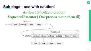 Sub dags - use with caution!
18
subdag subdag subdag subdag task taskWorker
Thread pool
task subdag task task
task task task task
Airflow 10’s default solution:
SequentialExecutor ( One process to run them all)
 