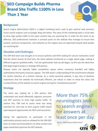 1
Search Engine Optimization (SEO) is a digital marketing tactic used to gain optimal web presence
across search engines such as Google, Bing and Yahoo. The value of this marketing tactic is to be able
to drive high quality traffic to the exact content they are searching for. In order for this tactic to be
effective, SEO professionals maintain a constant pulse on the website they manage to ensure that
content, technical components, and authority on the subject area are optimized toward what people
are searching for.
Situation and Challenges
The CMI SEO team was brought on to ensure patients and HCPs looking for seizure medication could
find the client’s brand. At that time, the client website functioned as a single splash page, making it
difficult to garner qualified traffic. Full site optimization had not yet begun, so this was the ideal time
(the beginning) to bring in a strategic SEO partner.
Disease states are typically highly competitive spaces where numerous branded and highly
authoritative third party resources appear. The SEO team’s understanding of the environment allowed
for careful selection of a content sitemap. As a newly launched website, it was also of absolute
importance that the website be technically efficient, yet robust in order to show the value and
trustworthiness of the website to search engines during this “probationary period.”
Source: CMI/Compas Media Vitals™
Background
Case
Study
SEO Campaign Builds Pharma
Brand Site Traffic 1100% in Less
Than 1 Year
The client was looking for a SEO partner that
understood and could effectively segment consumer
and HCP searches to drive high quality traffic. To
achieve this, CMI had to assess what was being
searched for, and how to best acquire traffic based
upon keyword opportunities for HCPs and consumers.
Having the opportunity to participate in the
optimization process early on allowed for the CMI SEO
team to make recommendations on what content and
pages would best optimize the HCP website.
More than 75% of
neurologists look
to search engines
for answers at
least once per day.
Strategy
 