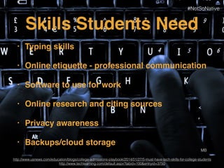 Skills Students Need
• Typing skills
• Online etiquette - professional communication
• Software to use for work
• Online research and citing sources
• Privacy awareness
• Backups/cloud storage
http://www.usnews.com/education/blogs/college-admissions-playbook/2014/01/27/5-must-have-tech-skills-for-college-students
http://www.techlearning.com/default.aspx?tabid=100&entryid=3750
MB
#NotSoNative
 