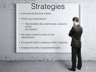 Strategies
• Instructional skill level matters
• Check your assumptions
• Treat students like a blank slate, everyone
comes  
"pre-loaded"
• Set aside content to work on skill
development
• Put speciﬁc skills in syllabus--what is required
• Evaluate the skills in assessment/rubric
MB
#NotSoNative
 