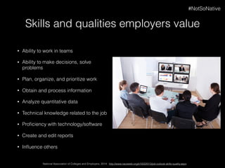 Skills and qualities employers value
• Ability to work in teams
• Ability to make decisions, solve
problems
• Plan, organize, and prioritize work
• Obtain and process information
• Analyze quantitative data
• Technical knowledge related to the job
• Proﬁciency with technology/software
• Create and edit reports
• Inﬂuence others
National Association of Colleges and Employers, 2014: http://www.naceweb.org/s10022013/job-outlook-skills-quality.aspx
#NotSoNative
 