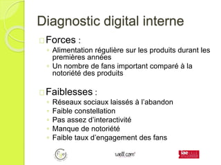 Diagnostic digital interne
Forces :
◦ Alimentation régulière sur les produits durant les
premières années
◦ Un nombre de fans important comparé à la
notoriété des produits
Faiblesses :
◦ Réseaux sociaux laissés à l’abandon
◦ Faible constellation
◦ Pas assez d’interactivité
◦ Manque de notoriété
◦ Faible taux d’engagement des fans
 