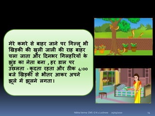 मेरे कमरे से बाहर जािे पर चिल्िू भी
खखड़की की खुिी जािी की राह बाहर
चिा जाता और हदिभर चििहररयों के
झुंड का िेता बिा , हर डाि पर
उछिता - कू दता रहता और ठीक 4:00
बजे खखड़की से भीतर आकर अपिे
झूिे में झूििे ििता I
05/05/2020 14Nibha Verma CMS G N 1 Lucknow
 