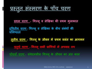 प्रस्तुत िंस्मिर् के पााँच चिर्
प्रथम चरण - चिल्िू ि िेखखका की प्रथम मुिाकात
द्वितीय चरण - चिल्िू ि िेखखका के बीच संबंधों की
घनिष्ठता
तृतीय चरण - चिल्िू के जीिि में प्रथम िसंत का आिमि
चतुथय चरण - चिल्िू सभी प्राखणयों में अपिाद ूपप
पााँचिााँ चरण - संिेदििीि चिल्िू के जीिि का अंत काि
05/05/2020 5Nibha Verma CMS G N 1 Lucknow
 