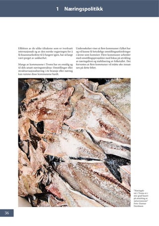 36
1 Næringspolitikk
Effekten av de ulike tiltakene som er iverksatt
internasjonalt og av den norske regjeringen for å
få finansmarkedene til å fungere igjen, har så langt
vært preget av usikkerhet.
Mange av kommunene i Troms har en ensidig og
til dels utsatt næringsstruktur. Omstillinger eller
strukturrasjonalisering i én bransje eller næring
kan ramme disse kommunene hardt.
Undersøkelser viser at flere kommuner i fylket har
og vil kunne få betydelige omstillingsutfordringer
i årene som kommer. Flere kommuner arbeider
med omstillingsprosjekter med fokus på utvikling
av næringslivet og stabilisering av folketallet. Det
forventes at flere kommuner vil måtte øke innsat-
sen på dette feltet.
“Næringsli-
vet i Troms er i
stor grad basert
på utnytting av
naturressurser.”
Foto: Gunnar
Davidsson
 