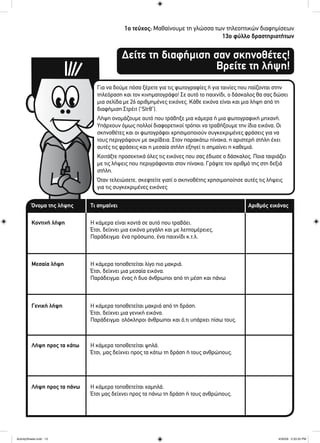 Δείτε τη διαφήμιση σαν σκηνοθέτες!
Βρείτε τη λήψη!
1ο τεύχος: Μαθαίνουμε τη γλώσσα των τηλεοπτικών διαφημίσεων
13ο φύλλο δραστηριοτήτων
Για να δούμε πόσα ξέρετε για τις φωτογραφίες ή για ταινίες που παίζονται στην
τηλεόραση και τον κινηματογράφο! Σε αυτό το παιχνίδι, ο δάσκαλος θα σας δώσει
μια σελίδα με 26 αριθμημένες εικόνες. Κάθε εικόνα είναι και μια λήψη από τη
διαφήμιση Στρέιτ (“Str8”).
Λήψη ονομάζουμε αυτό που τράβηξε μια κάμερα ή μια φωτογραφική μηχανή.
Υπάρχουν όμως πολλοί διαφορετικοί τρόποι να τραβήξουμε την ίδια εικόνα. Οι
σκηνοθέτες και οι φωτογράφοι χρησιμοποιούν συγκεκριμένες φράσεις για να
τους περιγράψουν με ακρίβεια. Στον παρακάτω πίνακα, η αριστερή στήλη έχει
αυτές τις φράσεις και η μεσαία στήλη εξηγεί τι σημαίνει η καθεμιά.
Κοιτάξτε προσεκτικά όλες τις εικόνες που σας έδωσε ο δάσκαλος. Ποια ταιριάζει
με τις λήψεις που περιγράφονται στον πίνακα; Γράψτε τον αριθμό της στη δεξιά
στήλη.
Όταν τελειώσετε, σκεφτείτε γιατί ο σκηνοθέτης χρησιμοποίησε αυτές τις λήψεις
για τις συγκεκριμένες εικόνες
Όνομα της λήψης
Κοντινή λήψη
Μεσαία λήψη
Γενική λήψη
Λήψη προς τα κάτω
Λήψη προς τα πάνω
Η κάμερα είναι κοντά σε αυτό που τραβάει.
Έτσι, δείχνει μια εικόνα μεγάλη και με λεπτομέρειες.
Παράδειγμα: ένα πρόσωπο, ένα παιχνίδι κ.τ.λ.
Η κάμερα τοποθετείται λίγο πιο μακριά.
Έτσι, δείχνει μια μεσαία εικόνα.
Παράδειγμα: ένας ή δυο άνθρωποι από τη μέση και πάνω
Η κάμερα τοποθετείται μακριά από τη δράση.
Έτσι, δείχνει μια γενική εικόνα.
Παράδειγμα: ολόκληροι άνθρωποι και ό,τι υπάρχει πίσω τους.
Η κάμερα τοποθετείται ψηλά.
Έτσι, μας δείχνει προς τα κάτω τη δράση ή τους ανθρώπους.
Η κάμερα τοποθετείται χαμηλά.
Έτσι μας δείχνει προς τα πάνω τη δράση ή τους ανθρώπους.
Τι σημαίνει Αριθμός εικόνας
ActivitySheets.indd 13ActivitySheets.indd 13 4/30/09 2:33:33 PM4/30/09 2:33:33 PM
 