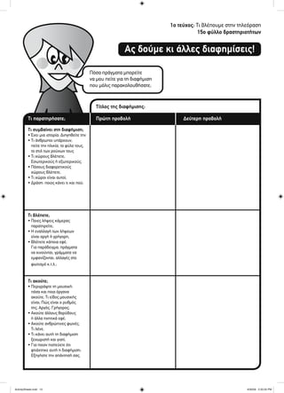 1ο τεύχος: Τι βλέπουμε στην τηλεόραση
15ο φύλλο δραστηριοτήτων
Ας δούμε κι άλλες διαφημίσεις!
Πόσα πράγματα μπορείτε
να μου πείτε για τη διαφήμιση
που μόλις παρακολουθήσατε;
Τι παρατηρήσατε;
Τίτλος της διαφήμισης:
Τι συμβαίνει στη διαφήμιση;
• Έχει μια ιστορία; Διηγηθείτε την
• Τι άνθρωποι υπάρχουν;
πείτε την ηλικία, το φύλο τους,
το στιλ των ρούχων τους
• Τι χώρους βλέπετε;
Εσωτερικούς ή εξωτερικούς;
• Πόσους διαφορετικούς
χώρους βλέπετε;
• Τι χώροι είναι αυτοί;
• Δράση: ποιος κάνει τι και πού;
Τι βλέπετε;
• Ποιες λήψεις κάμερας
παρατηρείτε;
• Η εναλλαγή των λήψεων
είναι αργή ή γρήγορη;
• Βλέπετε κάποια εφέ;
Για παράδειγμα, πράγματα
να κινούνται, γράμματα να
εμφανίζονται, αλλαγές στο
φωτισμό κ.τ.λ.;
Τι ακούτε;
• Περιγράψτε τη μουσική:
πόσα και ποια όργανα
ακούτε; Τι είδος μουσικής
είναι; Πώς είναι ο ρυθμός
της; Αργός; Γρήγορος;
• Ακούτε άλλους θορύβους
ή άλλα ηχητικά εφέ;
• Ακούτε ανθρώπινες φωνές;
Τι λένε;
• Τι κάνει αυτή τη διαφήμιση
ξεχωριστή και γιατί;
• Για ποιον πιστεύετε ότι
φτιάχτηκε αυτή η διαφήμιση;
Εξηγήστε την απάντησή σας.
Πρώτη προβολή Δεύτερη προβολή
ActivitySheets.indd 15ActivitySheets.indd 15 4/30/09 2:33:33 PM4/30/09 2:33:33 PM
 