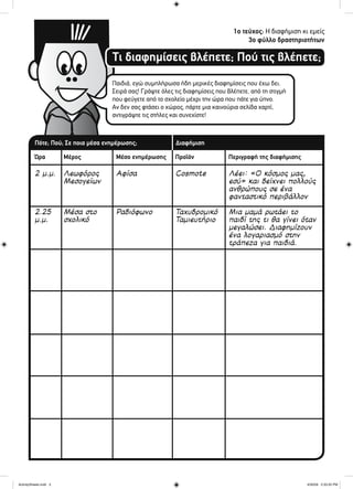 1ο τεύχος: Η διαφήμιση κι εμείς
3ο φύλλο δραστηριοτήτων
Τι διαφημίσεις βλέπετε; Πού τις βλέπετε;
Παιδιά, εγώ συμπλήρωσα ήδη μερικές διαφημίσεις που έχω δει.
Σειρά σας! Γράψτε όλες τις διαφημίσεις που βλέπετε, από τη στιγμή
που φεύγετε από το σχολείο μέχρι την ώρα που πάτε για ύπνο.
Αν δεν σας φτάσει ο χώρος, πάρτε μια καινούρια σελίδα χαρτί,
αντιγράψτε τις στήλες και συνεχίστε!
Πότε; Πού; Σε ποια μέσα ενημέρωσης;
Ώρα Μέρος Μέσο ενημέρωσης Προϊόν Περιγραφή της διαφήμισης
Διαφήμιση
2 μ.μ.
2.25
μ.μ.
Λεωφόρος
Μεσογείων
Μέσα στο
σχολικό
Αφίσα
Ραδιόφωνο
Cosmote
Ταχυδρομικό
Ταμιευτήριο
Λέει: «Ο κόσμος μας,
εσύ» και δείχνει πολλούς
ανθρώπους σε ένα
φανταστικό περιβάλλον
Μια μαμά ρωτάει το
παιδί της τι θα γίνει όταν
μεγαλώσει. Διαφημίζουν
ένα λογαριασμό στην
τράπεζα για παιδιά.
ActivitySheets.indd 3ActivitySheets.indd 3 4/30/09 2:33:20 PM4/30/09 2:33:20 PM
 