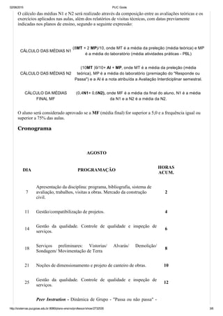 02/08/2015 PUC Goiás
http://sistemas.pucgoias.edu.br:8080/plano­ensino/professor/show/2732535 3/6
O cálculo das médias N1 e N2 será realizado através da composição entre as avaliações teóricas e os
exercícios aplicados nas aulas, além dos relatórios de visitas técnicas, com datas previamente
indicadas nos planos de ensino, segundo a seguinte expressão:
 
CÁLCULO DAS MÉDIAS N1
(8MT + 2 MP)/10, onde MT é a média da preleção (média teórica) e MP
é a média do laboratório (média atividades práticas ­ PBL)
CÁLCULO DAS MÉDIAS N2
(10MT )9/10+ AI + MP, onde MT é a média da preleção (média
teórica), MP é a média do laboratório (premiação do "Responde ou
Passa") e a AI é a nota atribuída a Avaliação Interdiciplinar semestral.
CÁLCULO DA MÉDIAS
FINAL MF
(0,4N1+ 0,6N2), onde MF é a média da final do aluno, N1 é a média
da N1 e a N2 é a média da N2.
O aluno será considerado aprovado se a MF (média final) for superior a 5,0 e a frequência igual ou
superior a 75% das aulas.
Cronograma
 
AGOSTO
DIA PROGRAMAÇÃO
HORAS
ACUM.
7
Apresentação da disciplina: programa, bibliografia, sistema de
avaliação, trabalhos, visitas a obras. Mercado da construção
civil.
2
11 Gestão/compatibilização de projetos. 4
14
Gestão  da  qualidade.  Controle  de  qualidade  e  inspeção  de
serviços.
6
18
Serviços  preliminares:  Vistorias/  Alvarás/  Demolição/
Sondagem/ Movimentação de Terra
8
21 Noções de dimensionamento e projeto de canteiro de obras. 10
25
Gestão  da  qualidade.  Controle  de  qualidade  e  inspeção  de
serviços.
12
Peer Instrution ­ Dinâmica de Grupo ­ "Passa ou não passa" ­
 