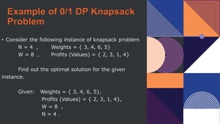 Example of 0/1 DP Knapsack
Problem
• Consider the following instance of knapsack problem
N = 4 , Weights = { 3, 4, 6, 5}
W = 8 , Profits (Values) = { 2, 3, 1, 4}
Find out the optimal solution for the given
instance.
Given: Weights = { 3, 4, 6, 5},
Profits (Values) = { 2, 3, 1, 4},
W = 8 ,
N = 4 .
 