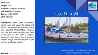 Year: 1993
Length: 39 ft
Location: Langkawi, Malaysia
Hull Material: Fiberglass
Current :US $ 55,000
USD: $ 55,000
Description: Drama Queen is a modern,
sporty yacht and stands for safety and
luxury. Comfortable and spacious she is
also classified UNSINKABLE. Belgium
built, she was voted the European yacht
of the year in 1991. With a modern,
functional, bright interior and a fast race
inspired design, she sails very well in light
breezes and heavy weather.
Website: https://bit.ly/2X1ykOQ
1993 Etap 38i
Independent and Trusted Resource for Boat
Searches, Buyers and Owners
 