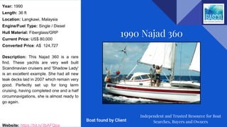 Year: 1990
Length: 36 ft
Location: Langkawi, Malaysia
Engine/Fuel Type: Single / Diesel
Hull Material: Fiberglass/GRP
Current Price: US$ 80,000
Converted Price: A$ 124,727
Description: This Najad 360 is a rare
find. These yachts are very well built
Scandinavian cruisers and 'Shadow Lady'
is an excellent example. She had all new
teak decks laid in 2007 which remain very
good. Perfectly set up for long term
cruising, having completed one and a half
circumnavigations, she is almost ready to
go again.
Website: https://bit.ly/3bAFQpa
1990 Najad 360
Independent and Trusted Resource for Boat
Searches, Buyers and OwnersBoat found by Client
 