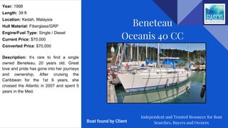 Year: 1998
Length: 39 ft
Location: Kedah, Malaysia
Hull Material: Fiberglass/GRP
Engine/Fuel Type: Single / Diesel
Current Price: $70,000
Converted Price: $70,000
Description: It’s rare to find a single
owned Beneteau, 20 years old. Great
love and pride has gone into her journeys
and ownership. After cruising the
Caribbean for the 1st 6 years, she
crossed the Atlantic in 2007 and spent 5
years in the Med.
Beneteau
Oceanis 40 CC
Independent and Trusted Resource for Boat
Searches, Buyers and OwnersBoat found by Client
 