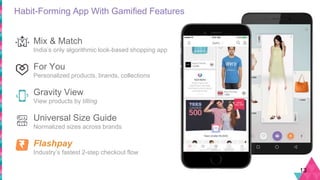 Mix & Match
India’s only algorithmic look-based shopping app
For You
Personalized products, brands, collections
Gravity View
View products by tilting
Universal Size Guide
Normalized sizes across brands
Flashpay
Industry’s fastest 2-step checkout flow
Habit-Forming App With Gamified Features
13
 