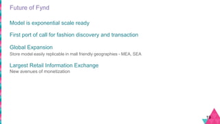 Future of Fynd
Model is exponential scale ready
First port of call for fashion discovery and transaction
Global Expansion
Store model easily replicable in mall friendly geographies - MEA, SEA
Largest Retail Information Exchange
New avenues of monetization
19
 