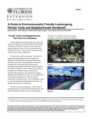 SP191




A Guide to Environmentally Friendly Landscaping:
Florida Yards and Neighborhoods Handbook1
Allen Garner, John Stevely, Heidi Smith, Mary Hoppe, Tracy Floyd and Paul Hinchcliff2


 Florida Yards and Neighborhoods:                                                The idea is to cooperate with local, natural
      The First Line of Defense                                                  conditions, rather than to battle the elements.

      It may surprise you to know that your yard is the
first line of defense for Florida's fragile environment.
 The health of Florida's estuaries, rivers, lakes and
aquifers depends in part on how you landscape and
maintain your yard. And you don't even have to live
on the water to make a difference.

      Storm-water runoff is the reason. Rain falls on
yards, roads and parking lots, then washes into
tributaries and the lagoon, carrying pollutants like
fertilizers, pesticides, soil and petroleum products.
Scientists have discovered that fertilizers and                                  Figure 1.
pesticides from residential areas are serious threats to
the health of Florida's waters. When runoff contains
nitrogen from fertilizers, algae can become so
abundant that sea grasses are smothered, oxygen is
depleted and fish kills may result. In some freshwater
environments phosphorus is often the nutrient
responsible for algae blooms. Toxic substances, such
as common landscape and household pesticides, can
damage reproduction in marine life.

    But all is not gloom and doom. A new ethic is
emerging among concerned Florida homeowners who
seek to redefine the image of home and landscape.                                Figure 2.




1. This document is SP 191, a series of the Environmental Horticulture Department, Florida Cooperative Extension Service, Institute of Agriculture Sciences,
   University of Florida. Publication date: May 2001. Please visit the EDIS Web site at http://edis.ifas.ufl.edu.
2.


The Institute of Food and Agricultural Sciences is an equal opportunity/affirmative action employer authorized to provide research, educational
information and other services only to individuals and institutions that function without regard to race, color, sex, age, handicap, or national origin.
For information on obtaining other extension publications, contact your county Cooperative Extension Service office. Florida Cooperative
Extension Service/Institute of Food and Agricultural Sciences/University of Florida/Christine Taylor Waddill, Dean.
 