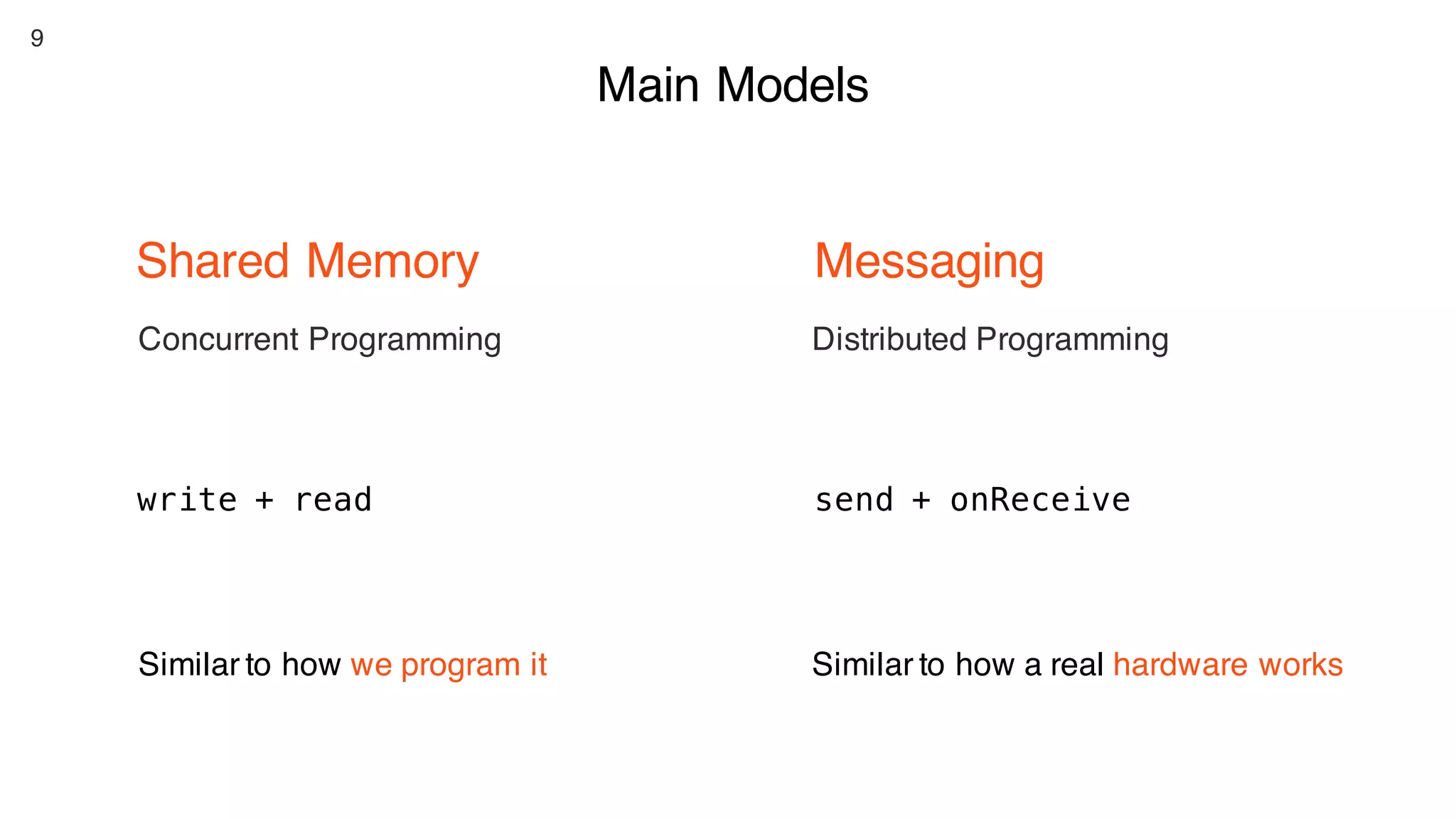 9
Main Models
Shared Memory Messaging
write + read send + onReceive
Similar to how we program it Similar to how a real hardware works
Distributed ProgrammingConcurrent Programming
 