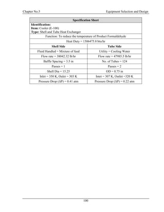 Chapter No.5 Equipment Selection and Design
100
Specification Sheet
Identification:
Item: Cooler (E-100)
Type: Shell and Tube Heat Exchanger
Function: To reduce the temperature of Product Formaldehyde
Heat Duty = 1506475.8 btu/hr
Shell Side Tube Side
Fluid Handled = Mixture of feed Utility = Cooling Water
Flow rate = 38042.32 lb/hr Flow rate = 47985.5 lb/hr
Baffle Spacing = 3.5 in No. of Tubes = 124
Passes = 1 Passes = 2
Shell Dia = 15.25 OD = 0.75 in
Inlet = 350 K, Oulet = 303 K Intet = 307 K, Outlet =320 K
Pressure Drop (ΔP) = 0.41 atm Pressure Drop (ΔP) = 0.22 atm
 
