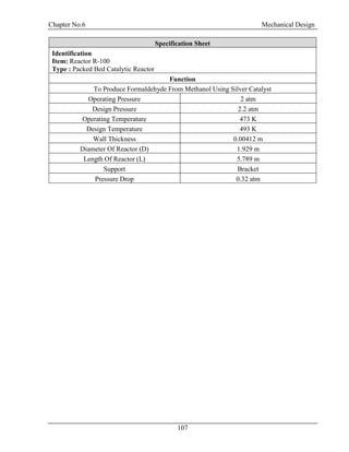 Chapter No.6 Mechanical Design
107
Specification Sheet
Identification
Item: Reactor R-100
Type : Packed Bed Catalytic Reactor
Function
To Produce Formaldehyde From Methanol Using Silver Catalyst
Operating Pressure 2 atm
Design Pressure 2.2 atm
Operating Temperature 473 K
Design Temperature 493 K
Wall Thickness 0.00412 m
Diameter Of Reactor (D) 1.929 m
Length Of Reactor (L) 5.789 m
Support Bracket
Pressure Drop 0.32 atm
 
