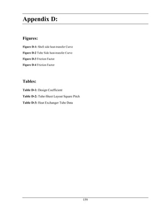 159
Appendix D:
Figures:
Figure D-1: Shell side heat-transfer Curve
Figure D-2 Tube Side heat-transfer Curve
Figure D-3 Friction Factor
Figure D-4 Friction Factor
Tables:
Table D-1: Design Coefficient
Table D-2: Tube-Sheet Layout Square Pitch
Table D-3: Heat Exchanger Tube Data
 
