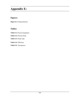 164
Appendix E:
Figures:
Figure E-1: Pump Selection
Tables:
Table E-1: Process Equipment
Table E-2: Pressure Drop
Table E-3: Pump Type
Table E-4: Efficiency
Table E-5: Horsepower
 