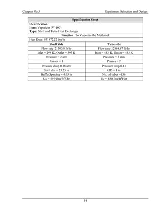 Chapter No.5 Equipment Selection and Design
54
Specification Sheet
Identification:
Item: Vaporizer (V-100)
Type: Shell and Tube Heat Exchanger
Function: To Vaporize the Methanol
Heat Duty: 95187252 btu/hr
Shell Side Tube side
Flow rate 21300.8 lb/hr Flow rate 12868.87 lb/hr
Inlet = 298 K, Outlet = 393 K Inlet = 443 K, Outlet = 443 K
Pressure = 2 atm Pressure = 2 atm
Passes = 1 Passes = 2
Pressure drop 0.38 atm Pressure drop 0.43
Shell dia = 23.25 in OD = 1 in
Baffle Spacing = 4.65 in No. of tubes =136
UD = 449 Btu/ft2
F.hr UC = 480 Btu/ft2
F.hr
 