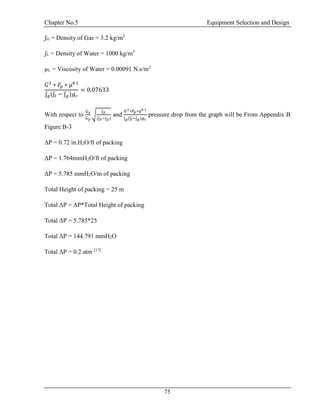 Chapter No.5 Equipment Selection and Design
75
ʃG = Density of Gas = 3.2 kg/m3
ʃL = Density of Water = 1000 kg/m3
µL = Viscosity of Water = 0.00091 N.s/m2
𝐺2
∗ 𝐹𝑝 ∗ µ0.1
ʃ 𝑔(ʃ𝑙 − ʃ 𝑔)𝑔𝑐
= 0.07633
With respect to
𝐺 𝑥
𝐺 𝑦
√
ʃ 𝑦
(ʃ 𝑥−ʃ 𝑦)
and
𝐺2∗𝐹𝑝∗µ0.1
ʃ 𝑔(ʃ 𝑙−ʃ 𝑔)𝑔 𝑐
pressure drop from the graph will be From Appendix B
Figure B-3
ΔP = 0.72 in.H2O/ft of packing
ΔP = 1.764mmH2O/ft of packing
ΔP = 5.785 mmH2O/m of packing
Total Height of packing = 25 m
Total ΔP = ΔP*Total Height of packing
Total ΔP = 5.785*25
Total ΔP = 144.791 mmH2O
Total ΔP = 0.2 atm [17]
 