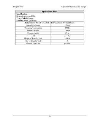 Chapter No.5 Equipment Selection and Design
76
Specification Sheet
Identification
Item: Absorber (A-100)
Type: Packed Column
Packing: Metal Pall Rings
Function: To Absorb CH3OH & CH2O Gas From Product Stream
Operating Pressure 1.7 atm
Operating Temperature 473 K
Dia of Absorber 1.64 m
Column Height 27 m
Area 2.11 m2
Height of Transfer Unit 5.01 m
No. of Transfer Unit 5
Pressure Drop (ΔP) 0.2 atm
 