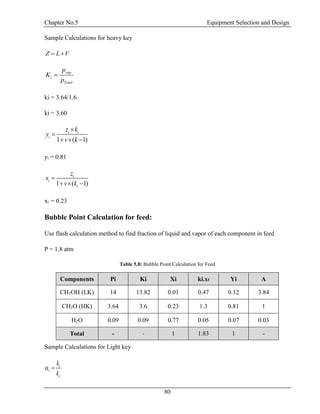 Chapter No.5 Equipment Selection and Design
80
Sample Calculations for heavy key
Z L V 
vap
i
Total
p
K
p

ki = 3.64/1.6
ki = 3.60
1 ( 1)
i i
i
z k
y
v k


  
yi = 0.81
1 ( 1)
i
i
i
z
x
v k

  
xi = 0.23
Bubble Point Calculation for feed:
Use flash calculation method to find fraction of liquid and vapor of each component in feed
P = 1.8 atm
Table 5.8: Bubble Point Calculation for Feed
Components Pi Ki Xi ki.xf Yi Α
CH3OH (LK) 14 13.82 0.01 0.47 0.12 3.84
CH2O (HK) 3.64 3.6 0.23 1.3 0.81 1
H2O 0.09 0.09 0.77 0.05 0.07 0.03
Total - - 1 1.83 1 -
Sample Calculations for Light key
i
i
c
k
k
 
 