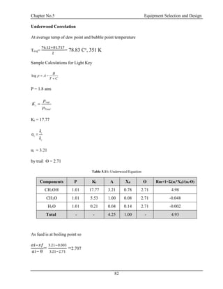 Chapter No.5 Equipment Selection and Design
82
Underwood Correlation
At average temp of dew point and bubble point temperature
Tavg=
76.12+81.717
2
= 78.83 Co
, 351 K
Sample Calculations for Light Key
log
B
p A
T C
 

P = 1.8 atm
vap
i
Total
p
K
p

Ki = 17.77
i
i
c
k
k
 
αi = 3.21
by trail ϴ = 2.71
Table 5.11: Underwood Equation
Components P Ki Α Xd ϴ Rm+1=Σ(αi*Xd)/(αi-ϴ)
CH3OH 1.01 17.77 3.21 0.78 2.71 4.98
CH2O 1.01 5.53 1.00 0.08 2.71 -0.048
H2O 1.01 0.21 0.04 0.14 2.71 -0.002
Total - - 4.25 1.00 - 4.93
As feed is at boiling point so
𝛼𝑖−𝑥𝑓
𝛼𝑖− θ
=
3.21−0.003
3.21−2.71
=2.707
 