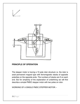 PRINCIPLE OF OPERATION 
The stepper motor is having a 10 pole rotor structure i.e. the rotor is 
axial permanent magnet type with ferromagnetic stacks of opposite 
polarities on the opposite ends. The numbers of stacks are 5 on each 
end. But for simplicity of the explanation of underlining we will first 
describe a simple PMDC stepper motor with two poles on rotor. 
WORKING OF A SINGLE PMDC STEPPER MOTOR: - 
20 | P a g e 
 