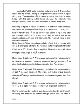 A simple PMDC motor with two coils A A' and B B' wound on 
stator and the motor having a two pole structure is shown in figure 
along side. The operation of this motor is clearly described in steps 
below with the corresponding figure showing the magnetic flux 
linkage between stator and rotor structures is shown along side: 
Referring to figure 3. Now if the terminal A and B of stator windings 
are connected to the positive voltage, then two stator magnetic 
field vectors Fa and Fb will be produced as shown in fig.3. The rotor 
will position itself in such a way as to lock its north pole to the 
resulting stator south pole and vice versa. The rotor will move in anti-clockwise 
direction. 
Refer figure 4. When the voltage polarity of coil A A' is revered with 
coil B B' energized a before, the resultant stator magnetic field vector 
F will be at 900 from its former position. Hence the rotor will move 
through a fixed angle of +900 as shown. 
Refer figure 5. With coil A A' energized as before the voltage polarity 
of coil B B' is reversed. The rotor will move through another 900 to 
align itself with the resultant stator magnetic field F as shown. 
Refer figure 6. With coil B B' energized as before, the voltage polarity 
of coil A is again reversed. The motor will further move through 
another 900 to align itself with the resultant stator magnetic field F as 
shown. 
Refer figure 6. With coil A A' energized as before the voltage polarity 
of coil B B' is again reversed. The rotor will align itself as shown. 
So the motor can be made to step in one direction by continuously 
changing the direction of current through these coils. To step in 
21 | P a g e 
 