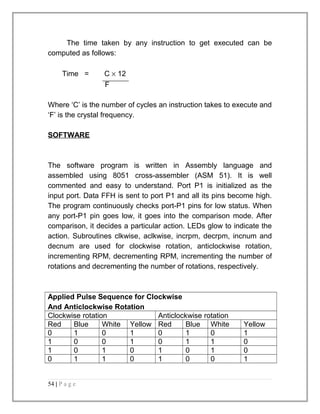 The time taken by any instruction to get executed can be 
computed as follows: 
Time = C ´ 12 
F 
Where ‘C’ is the number of cycles an instruction takes to execute and 
‘F’ is the crystal frequency. 
SOFTWARE 
The software program is written in Assembly language and 
assembled using 8051 cross-assembler (ASM 51). It is well 
commented and easy to understand. Port P1 is initialized as the 
input port. Data FFH is sent to port P1 and all its pins become high. 
The program continuously checks port-P1 pins for low status. When 
any port-P1 pin goes low, it goes into the comparison mode. After 
comparison, it decides a particular action. LEDs glow to indicate the 
action. Subroutines clkwise, aclkwise, incrpm, decrpm, incnum and 
decnum are used for clockwise rotation, anticlockwise rotation, 
incrementing RPM, decrementing RPM, incrementing the number of 
rotations and decrementing the number of rotations, respectively. 
Applied Pulse Sequence for Clockwise 
And Anticlockwise Rotation 
Clockwise rotation Anticlockwise rotation 
Red Blue White Yellow Red Blue White Yellow 
0 1 0 1 0 1 0 1 
1 0 0 1 0 1 1 0 
1 0 1 0 1 0 1 0 
0 1 1 0 1 0 0 1 
54 | P a g e 
 