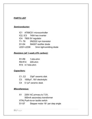 PARTS LIST 
Semiconductor: 
IC1 AT89C51 microcontroller 
IC2, IC3 7404 hex inverter 
IC4 7805 5V regulator 
T1- T8 2N2222 npn transistor 
D1-D4 IN4007 rectifier diode 
LED1-LED6 5mm light-emitting diode 
Resistors (all ¼-watt, ± 5% carbon): 
R1-R8 1-kilo-ohm 
R9-R14 220-ohm 
R15 4.7-kilo-ohm 
Capacitors: 
C1, C2 33pF ceramic disk 
C3 1000mF, 16V electrolytic 
C4 0.1mF ceramic desk 
Miscellaneous: 
X1 230V AC primary to 7.5V, 
500mA secondary transformer 
XTALPush-to-on tactile switch 
S1-S7 Stepper motor 18° per step angle 
55 | P a g e 
 