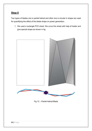 Step-5 
Two types of blades one is partial helical and other one is circular in shape are used 
for quantifying the effect of the blade shape on power generation. 
1. We used a rectangle PVC sheet. We curve this sheet with help of heater and 
give special shape as shown in fig. 
33 | P a g e 
Fig 13 .- Partial Helical Blade 
 