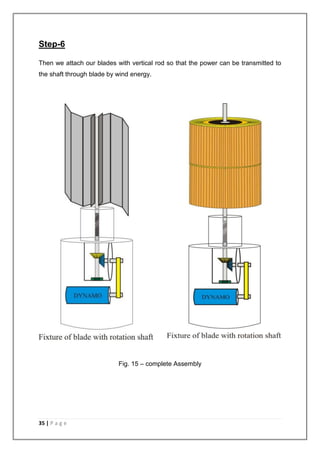 Step-6 
Then we attach our blades with vertical rod so that the power can be transmitted to 
the shaft through blade by wind energy. 
35 | P a g e 
Fig. 15 – complete Assembly 
 