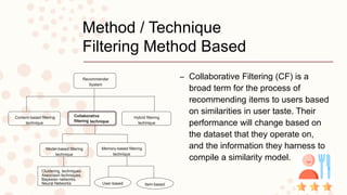Method / Technique
Filtering Method Based
– Collaborative Filtering (CF) is a
broad term for the process of
recommending items to users based
on similarities in user taste. Their
performance will change based on
the dataset that they operate on,
and the information they harness to
compile a similarity model.
Clustering, techniques
Associaon techniques,
Bayesian networks,
Neural Networks
Recommender
System
Content-based filtering Collaborative
filtering
Hybrid filtering
Model-based filtering Memory-based filtering
User-based Item-based
technique technique
technique technique
technique
 