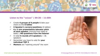 International Congress and Convention Association #message2future #FYP19 #ICCAWorld #ibtm19
Listen to the “voices” | 09:30...