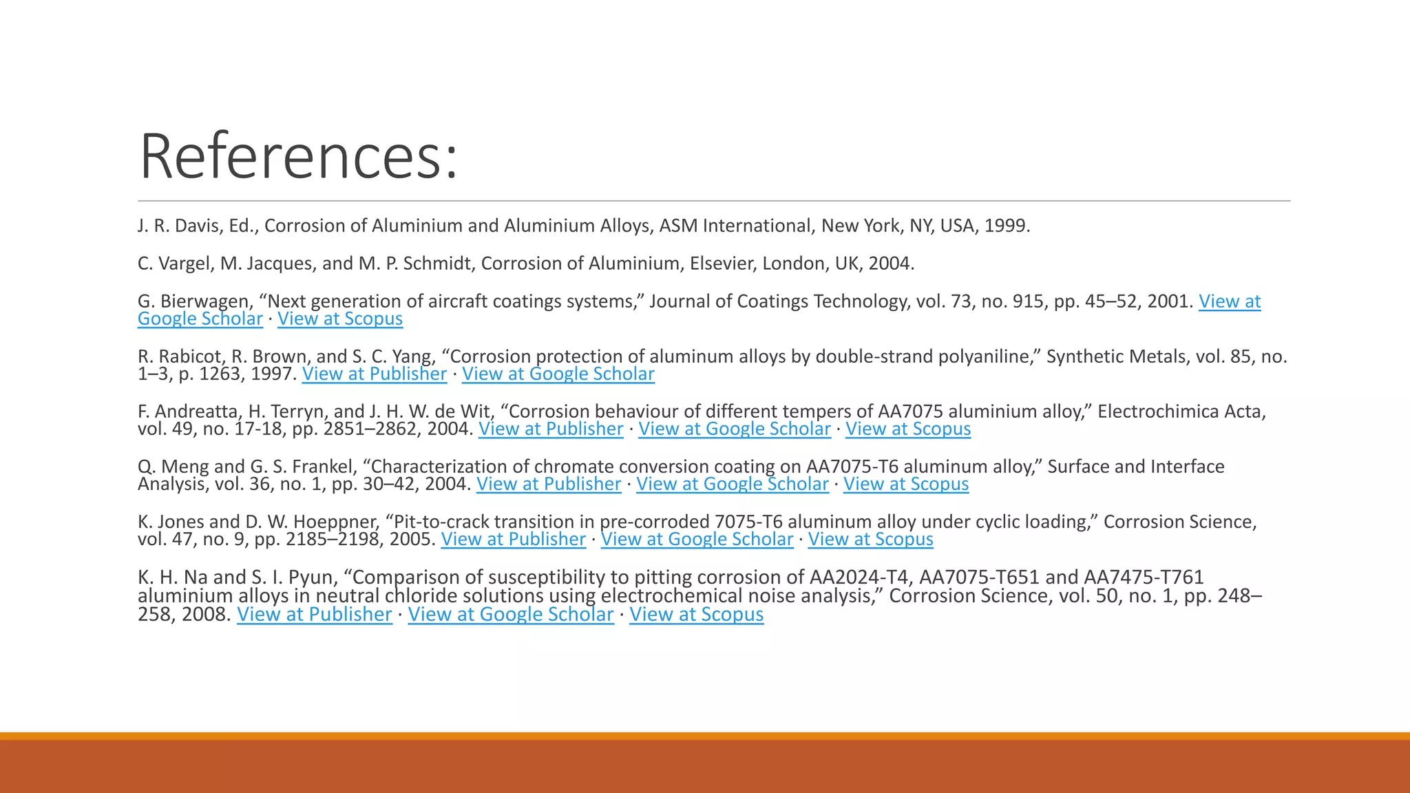 References:
J. R. Davis, Ed., Corrosion of Aluminium and Aluminium Alloys, ASM International, New York, NY, USA, 1999.
C. Vargel, M. Jacques, and M. P. Schmidt, Corrosion of Aluminium, Elsevier, London, UK, 2004.
G. Bierwagen, “Next generation of aircraft coatings systems,” Journal of Coatings Technology, vol. 73, no. 915, pp. 45–52, 2001. View at
Google Scholar · View at Scopus
R. Rabicot, R. Brown, and S. C. Yang, “Corrosion protection of aluminum alloys by double-strand polyaniline,” Synthetic Metals, vol. 85, no.
1–3, p. 1263, 1997. View at Publisher · View at Google Scholar
F. Andreatta, H. Terryn, and J. H. W. de Wit, “Corrosion behaviour of different tempers of AA7075 aluminium alloy,” Electrochimica Acta,
vol. 49, no. 17-18, pp. 2851–2862, 2004. View at Publisher · View at Google Scholar · View at Scopus
Q. Meng and G. S. Frankel, “Characterization of chromate conversion coating on AA7075-T6 aluminum alloy,” Surface and Interface
Analysis, vol. 36, no. 1, pp. 30–42, 2004. View at Publisher · View at Google Scholar · View at Scopus
K. Jones and D. W. Hoeppner, “Pit-to-crack transition in pre-corroded 7075-T6 aluminum alloy under cyclic loading,” Corrosion Science,
vol. 47, no. 9, pp. 2185–2198, 2005. View at Publisher · View at Google Scholar · View at Scopus
K. H. Na and S. I. Pyun, “Comparison of susceptibility to pitting corrosion of AA2024-T4, AA7075-T651 and AA7475-T761
aluminium alloys in neutral chloride solutions using electrochemical noise analysis,” Corrosion Science, vol. 50, no. 1, pp. 248–
258, 2008. View at Publisher · View at Google Scholar · View at Scopus
 