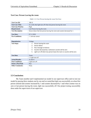 University of Agriculture Faisalabad. Chapter 3- Results & Discussion
[Project Title] 24
Test Case: Person Leaving the room:
Table 3. 2: User Person leaving the room Test Case
Test Case ID: TC-2
Test Case Title: To verify that light turn off when last person leaving the room
Test Case Priority: High
Requirement: Last Person leaving the room
Test Description: Sensor detect that last person leaving the room and counter decreased by 1.
Test Date: 07/11/2020
Pre-Conditions: 1. Activate sensor
Dependencies: Voltage
Test Steps: 1. Person leaving the room
2. Sensor detect
3. Pass message to Arduino
4. Counter decreased by 1 whenever counter will be zero
5. Light turn off when lass person leave the room or counter will be zero
Test Data Tester
1. Light turn off
Actual Results: As above
Post Conditions: Light turn off
Status: (Pass/Fail) Pass
Other Comments: None
3.3 Conclusion:
My Team member and I implemented our model in our supervisor office and we test our
model by passing three students one by one and we noted that light was successfully on when first
person entered and counter increased by 1 and counter decreased by 1 and when counter was on
zero or last person leaving the room, light was successfully off. Our project testing successfully
done under the supervision of our supervisor.
 